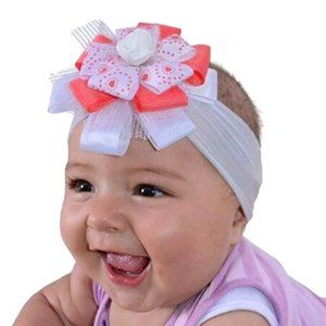 Baby Headband, Girl's Hairband White & Coral Pink with White Rose